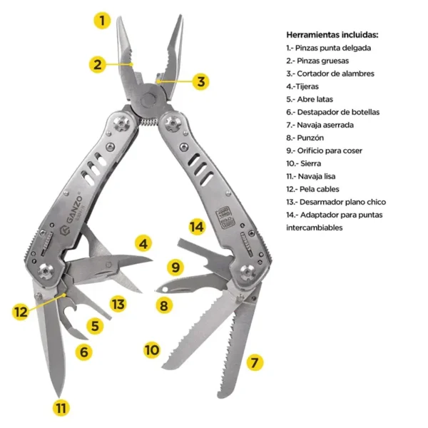 Ganzo | Multiherramienta G301-H Plata 14 funciones - GAN-005-003 - Imagen 4
